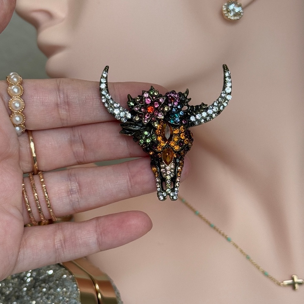 ⚜️❤️🔥 Western Longhorn Multicolor Brooch With Crystals 🤘💎 - Picture 3 of 8